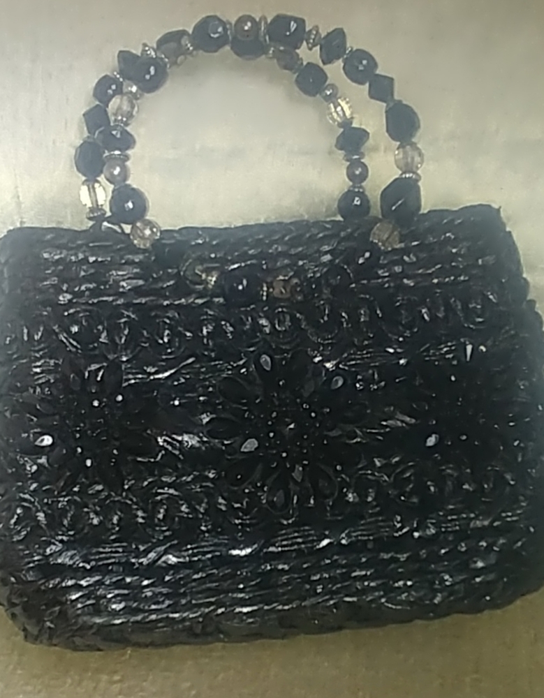 VINTAGE Black RARE Cappelli Strawworld Beaded Handle Purse